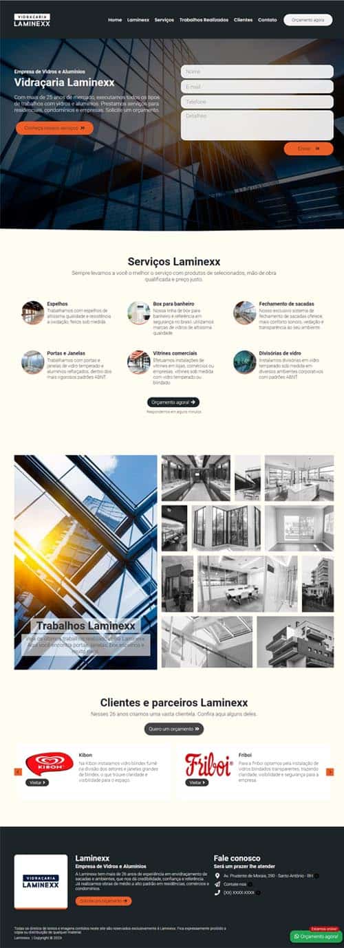 Modelo de site para vidraçarias e empresas de vidros, alumínios e box